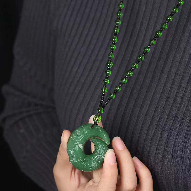 Hollow Out Safety Buckle Jade Pendant Sweater Chain