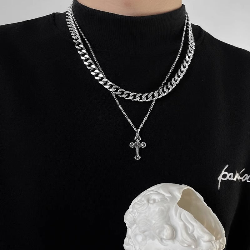Cross Double Layer Cuban Necklace Men'S Accessible Luxury