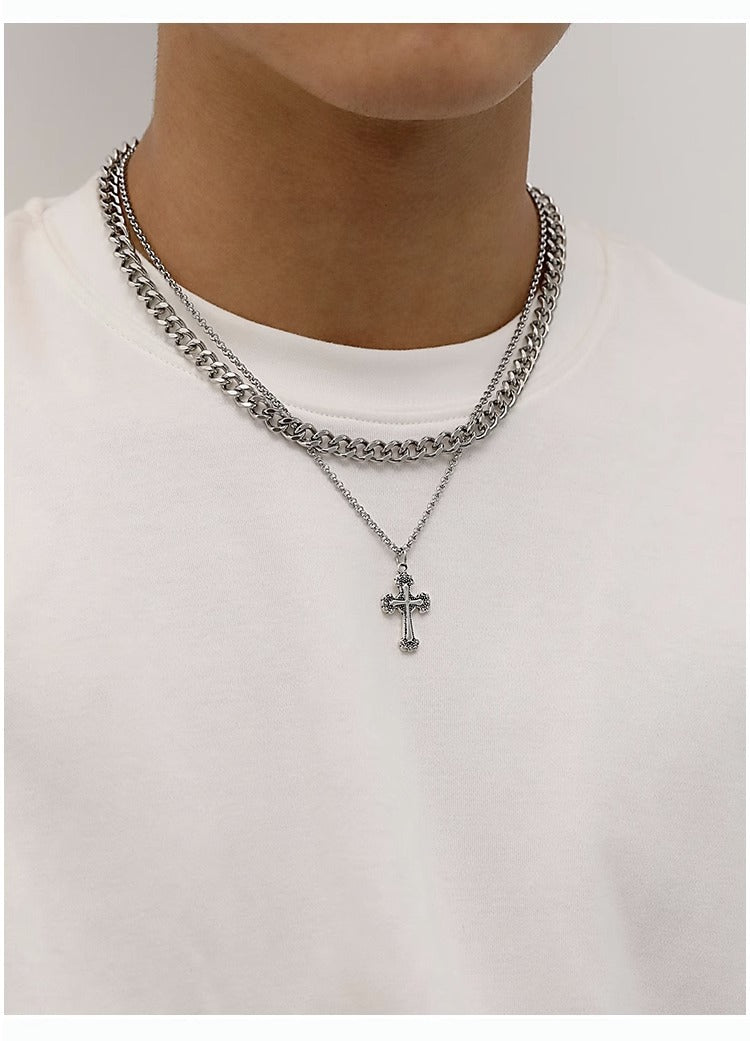 Cross Double Layer Cuban Necklace Men'S Accessible Luxury