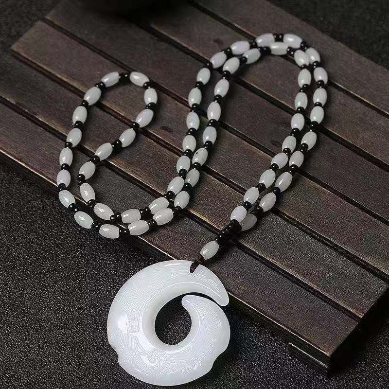 Hollow Out Safety Buckle Jade Pendant Sweater Chain