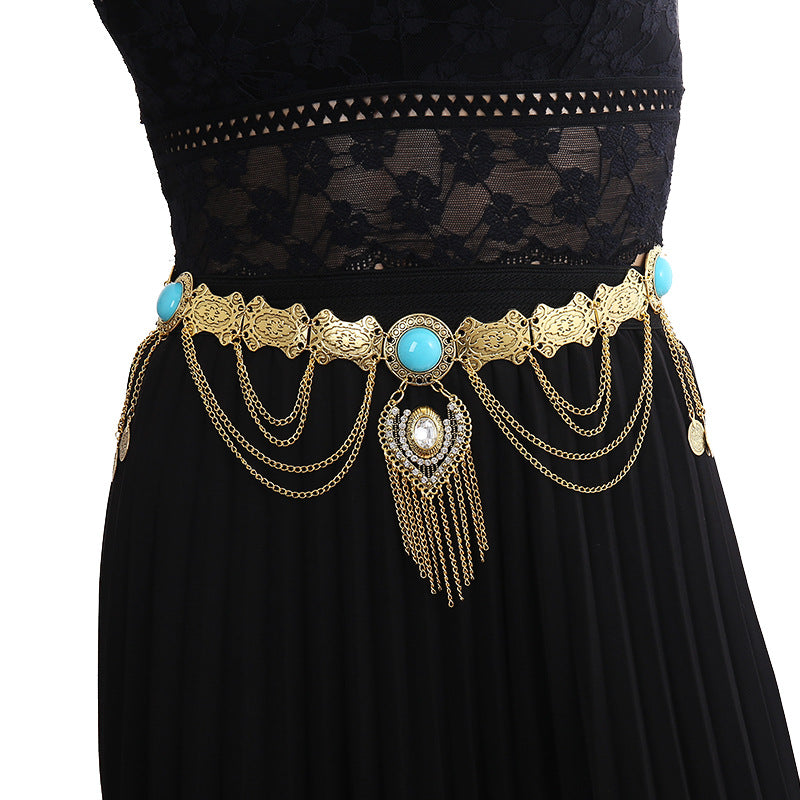 Ethnic Style Turquoise Metal Waist Chain Retro Tassel
