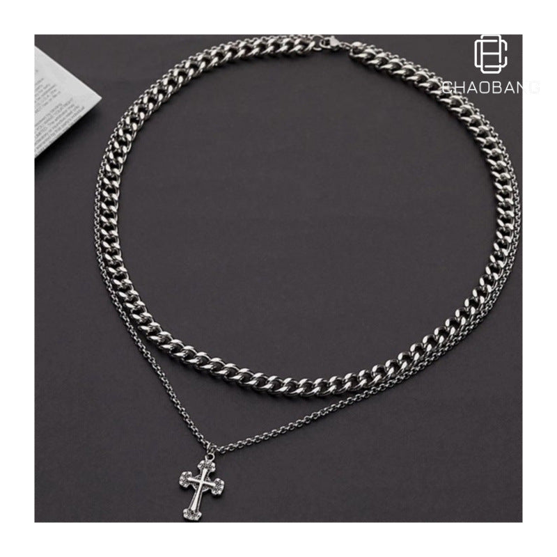 Cross Double Layer Cuban Necklace Men'S Accessible Luxury