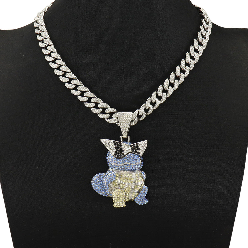 Diamond Encrusted Cartoon Turtle Pendant Cuban Chain Necklace