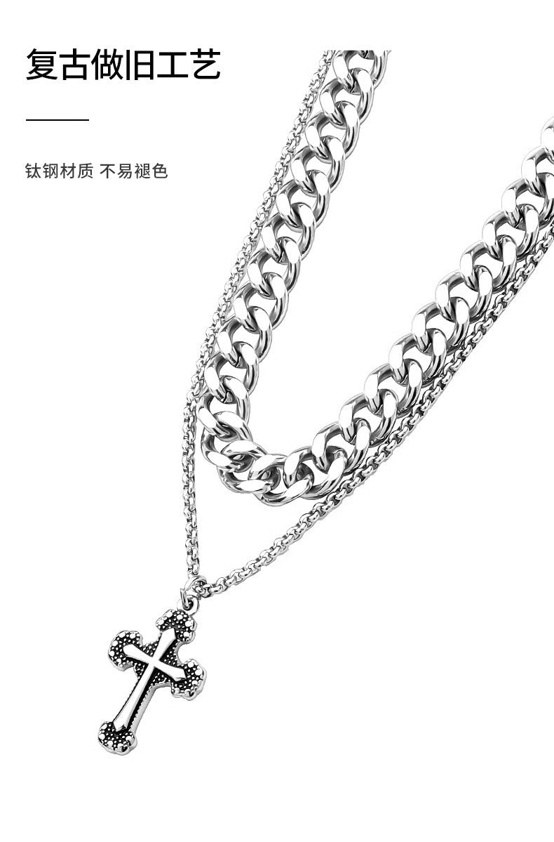 Cross Double Layer Cuban Necklace Men'S Accessible Luxury