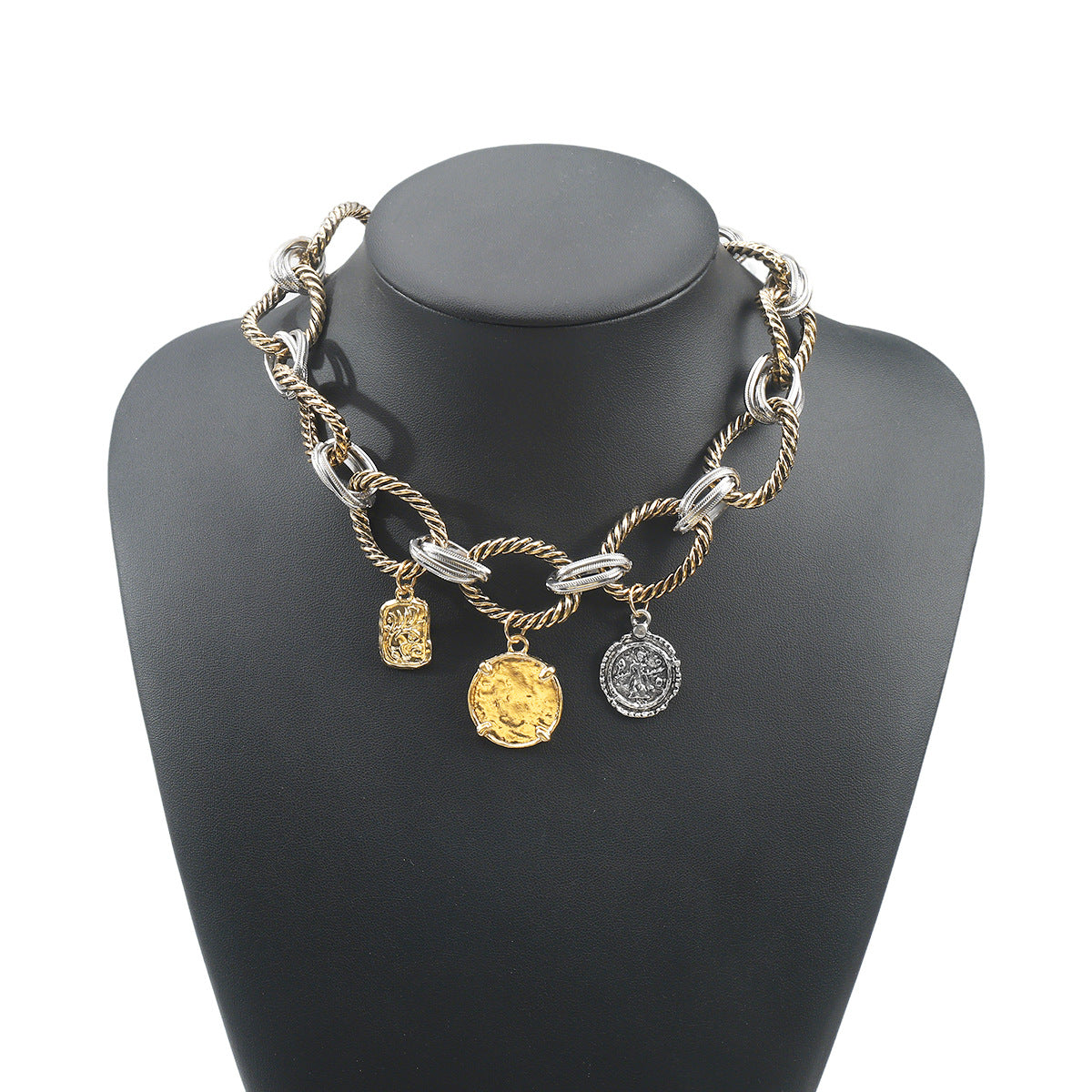 Retro Punk Color Blocked Metallic Necklace Za Hip