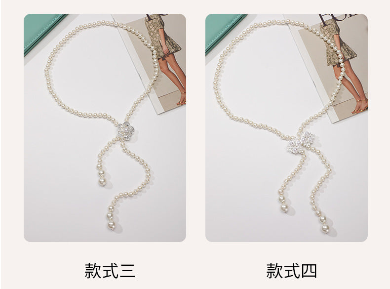Tweed Style Pearl Waist Chain Decoration Summer Dress