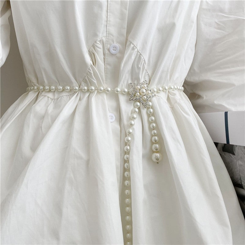 Tweed Style Pearl Waist Chain Decoration Summer Dress