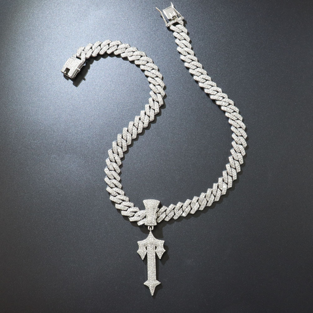 Large Sword Pendant Diamond Studded Letter T Necklace