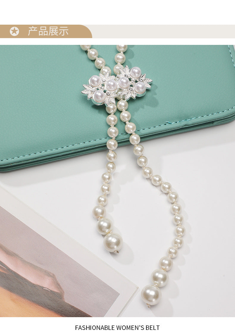 Tweed Style Pearl Waist Chain Decoration Summer Dress