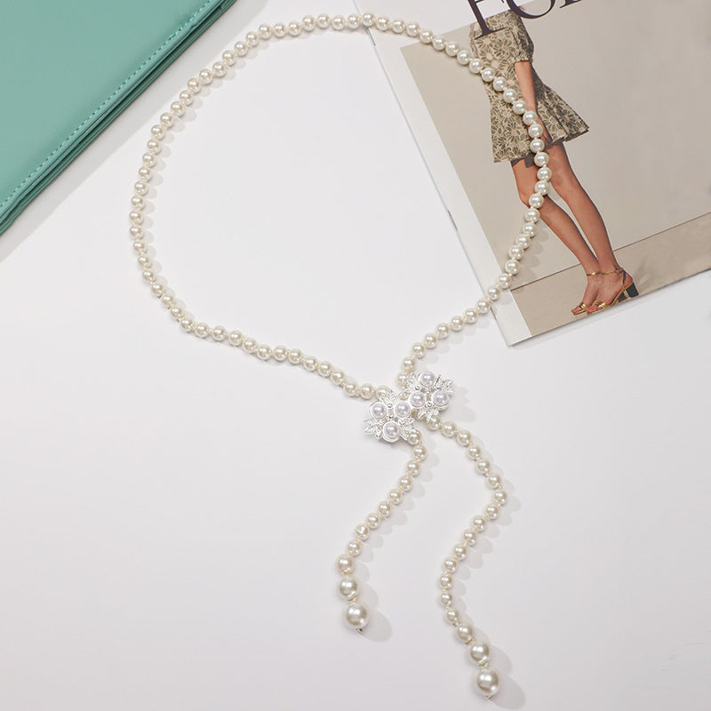 Tweed Style Pearl Waist Chain Decoration Summer Dress