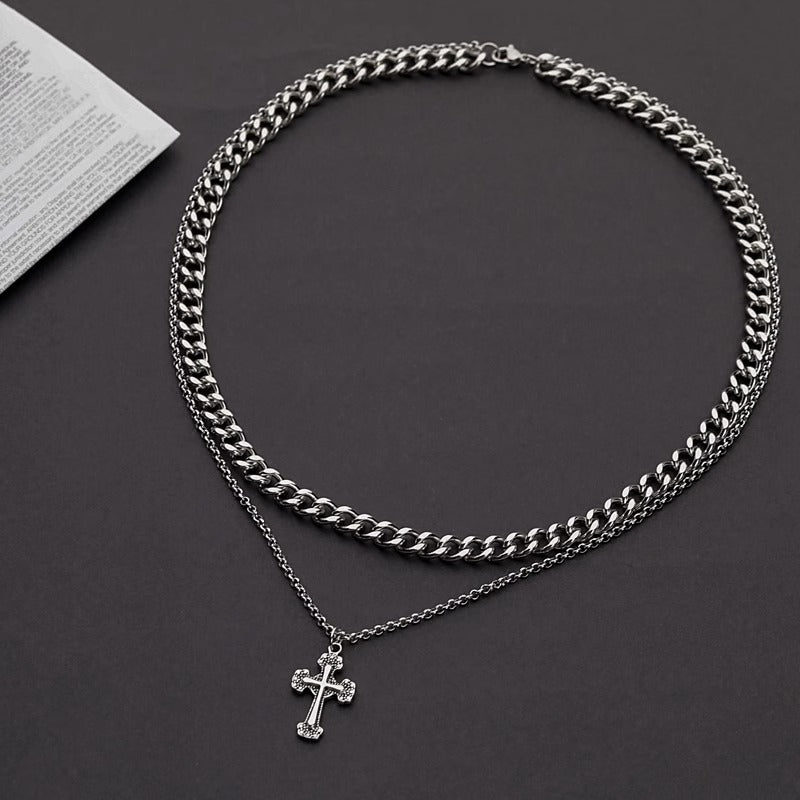 Cross Double Layer Cuban Necklace Men'S Accessible Luxury