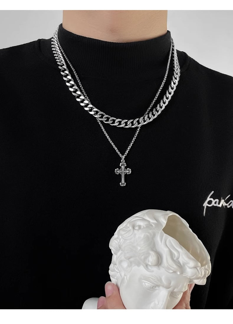 Cross Double Layer Cuban Necklace Men'S Accessible Luxury