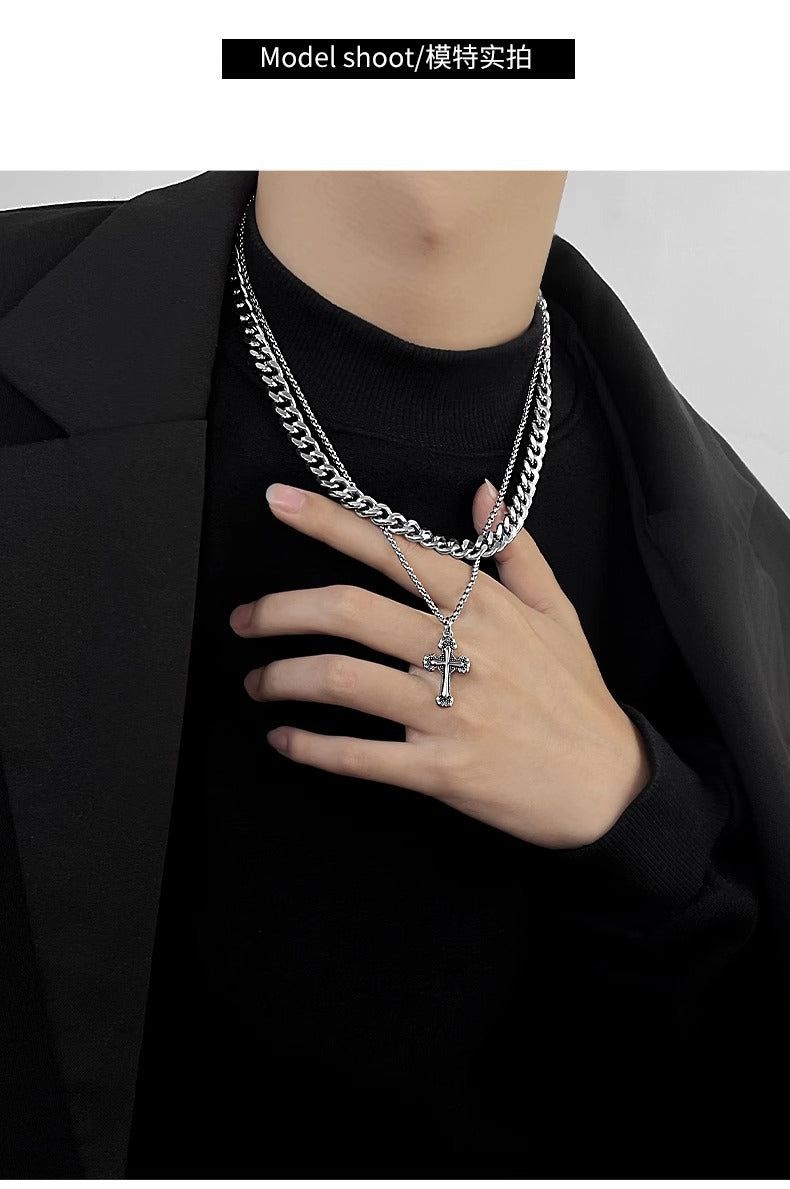 Cross Double Layer Cuban Necklace Men'S Accessible Luxury