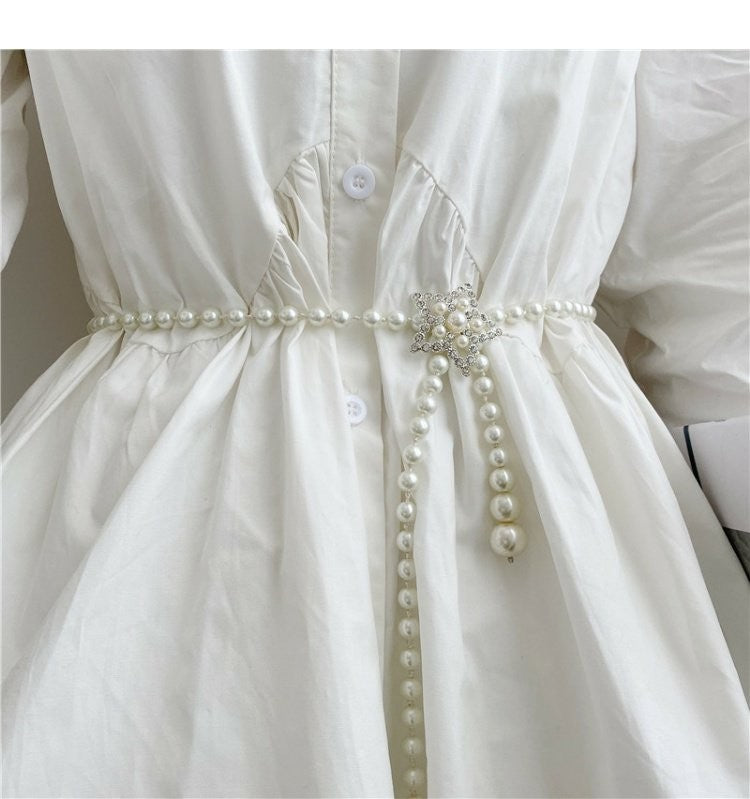 Tweed Style Pearl Waist Chain Decoration Summer Dress