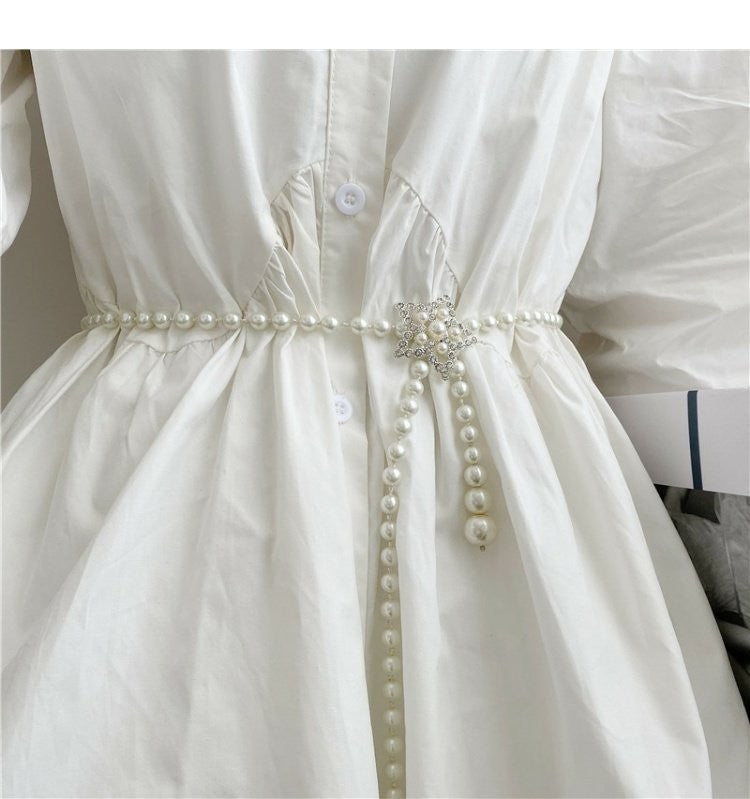 Tweed Style Pearl Waist Chain Decoration Summer Dress