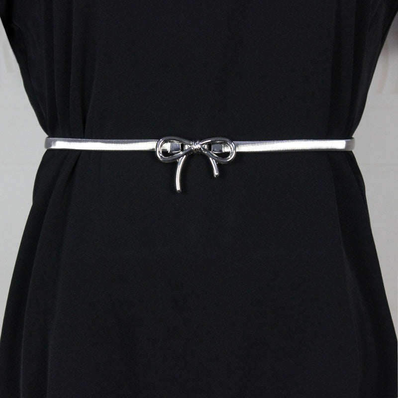 Simple Elegant Bow Elastic Thin Belt Metal Waist