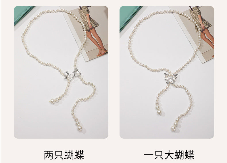 Tweed Style Pearl Waist Chain Decoration Summer Dress