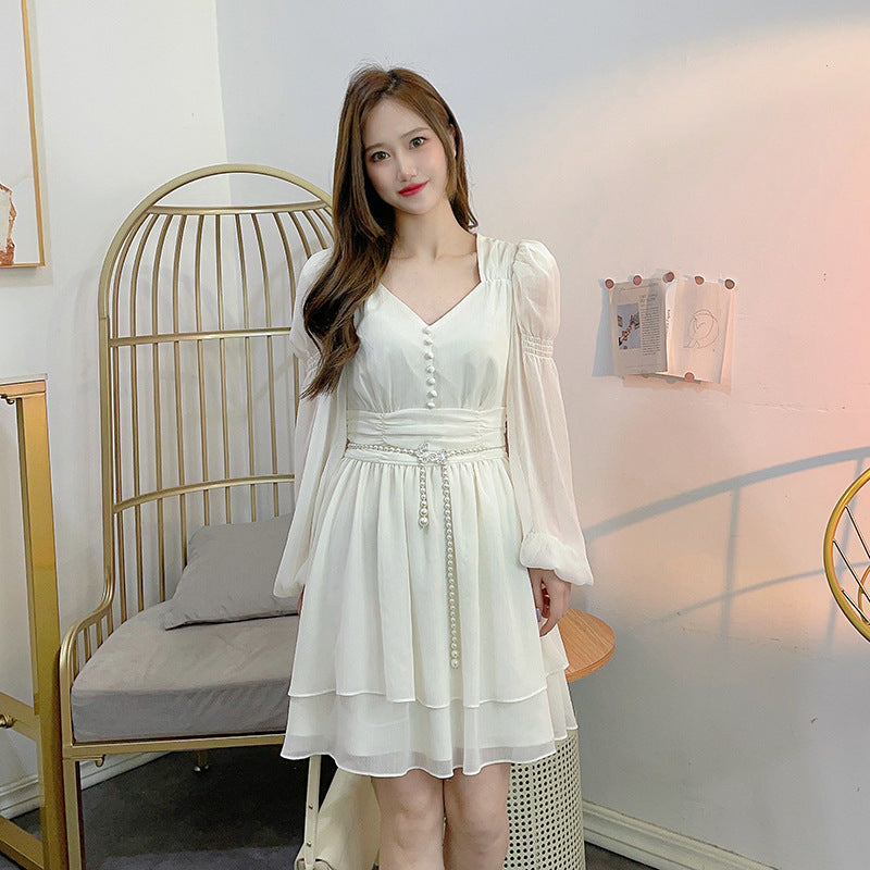 Tweed Style Pearl Waist Chain Decoration Summer Dress