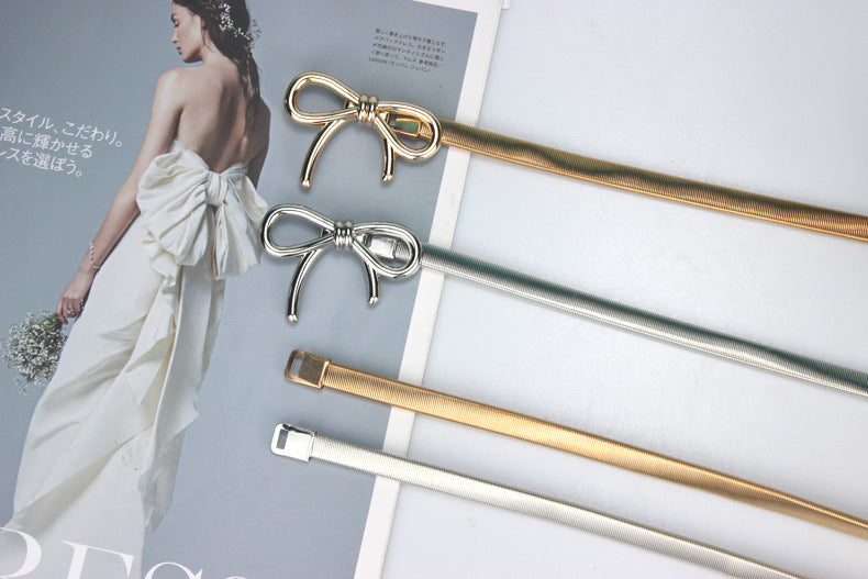 Simple Elegant Bow Elastic Thin Belt Metal Waist