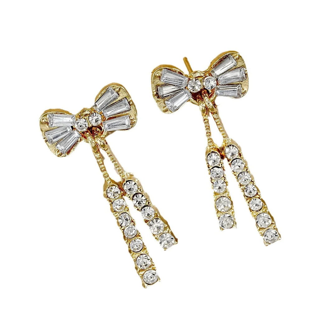Gold Color Bow Stud Earrings For Women Rhinestone