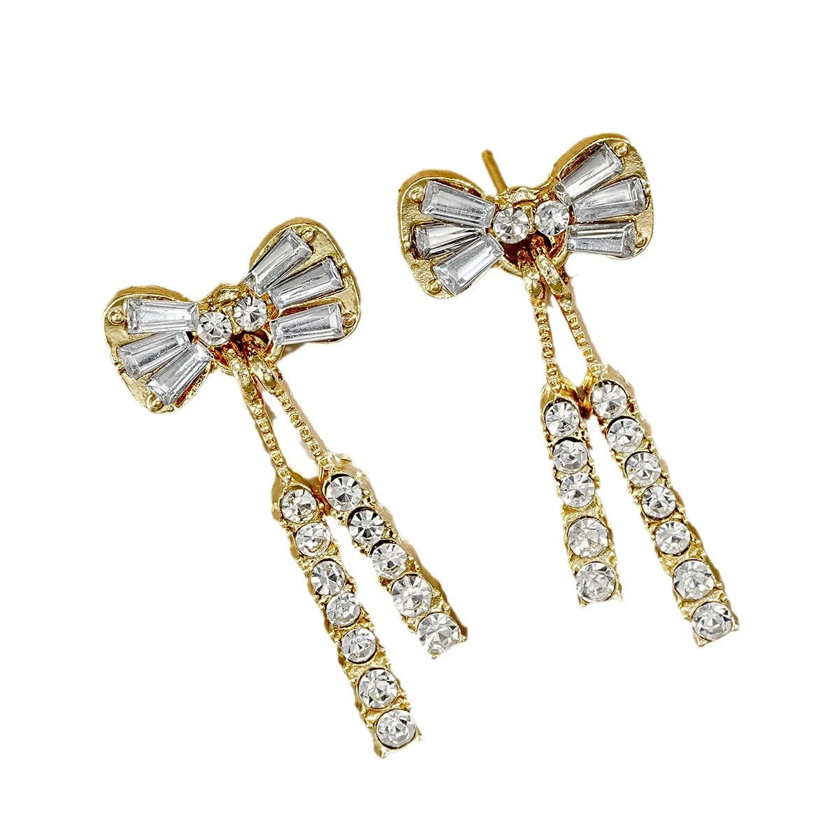 Gold Color Bow Stud Earrings For Women Rhinestone