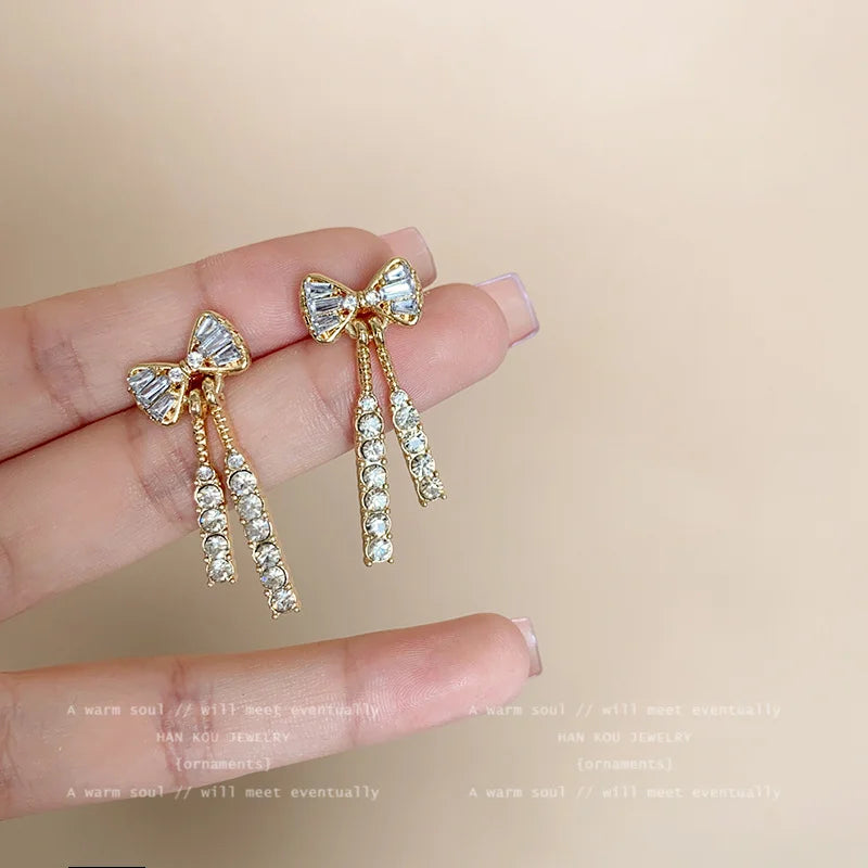 Gold Color Bow Stud Earrings For Women Rhinestone