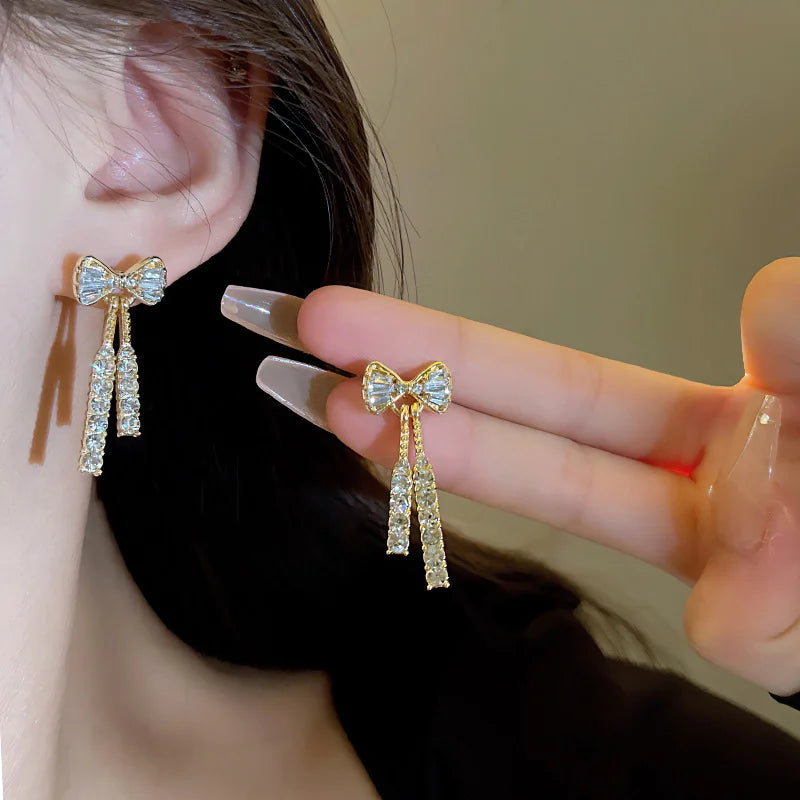 Gold Color Bow Stud Earrings For Women Rhinestone