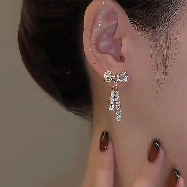 Gold Color Bow Stud Earrings For Women Rhinestone
