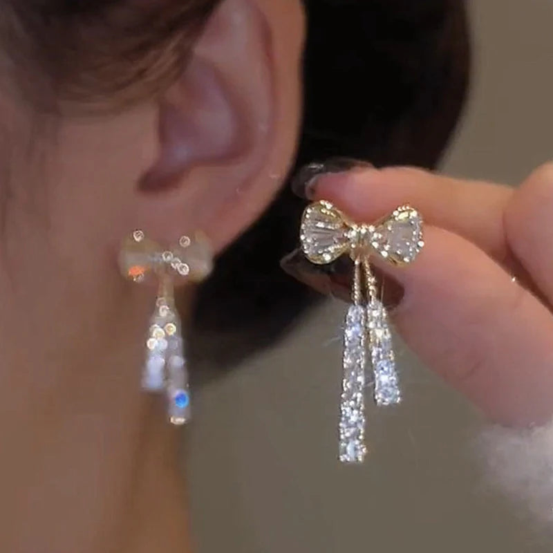Gold Color Bow Stud Earrings For Women Rhinestone