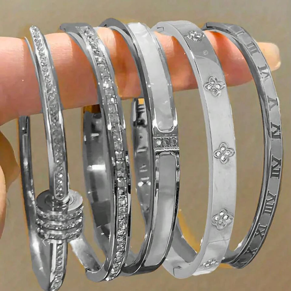 5 1Pcs Sparkling Zirconia Inlaid Stainless Steel Bracelet