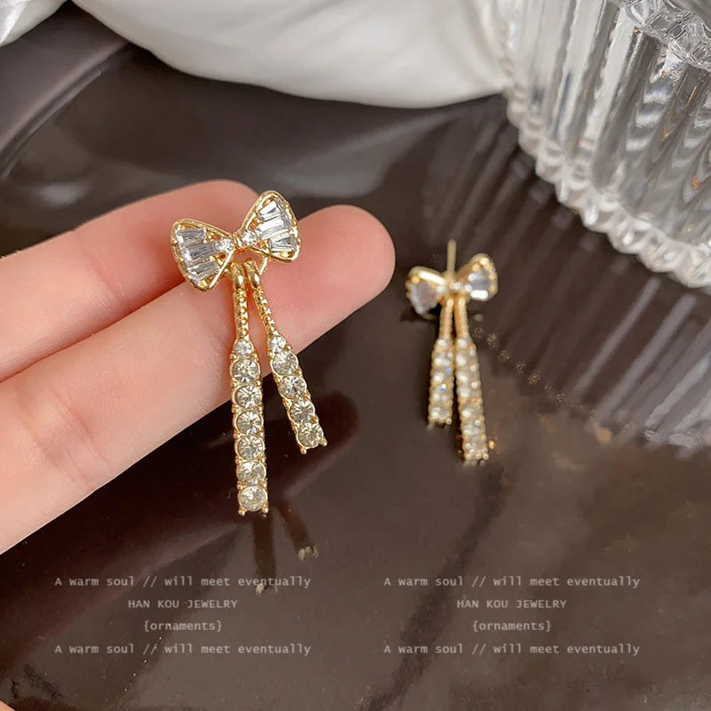 Gold Color Bow Stud Earrings For Women Rhinestone